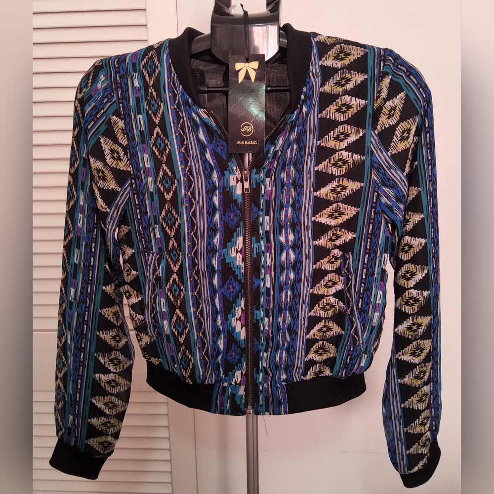 Iris Basic Geometric Blue and Black Bomber Jacket